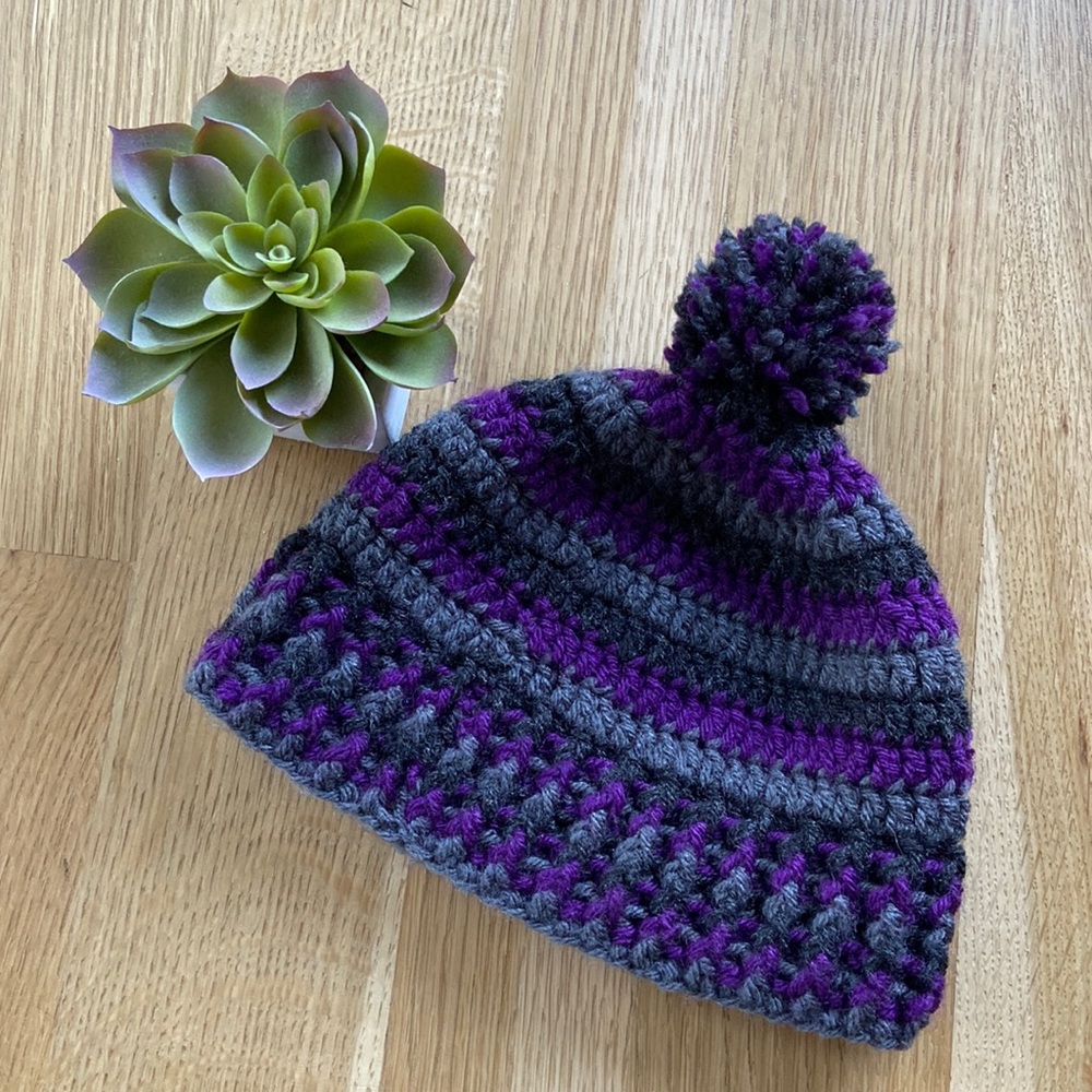 Hand Knit Beanie Pom Pom Ball Top Winter Hat Stocking Cap Knitted Crochet Purple